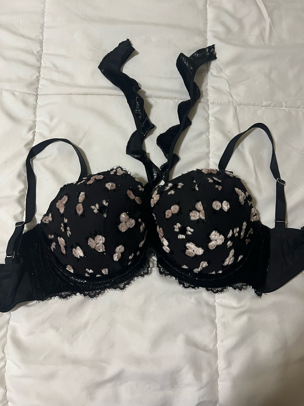 Victoria's Secret Black Bra with Light Pink Floral Embroidery 34DDD